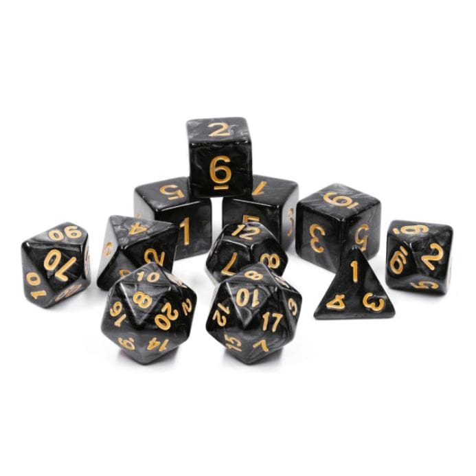 Coal Dice Set – 11 - Piece Marbled Black Acrylic Extra D20 D6s DnD Dice - Fennek and Finch