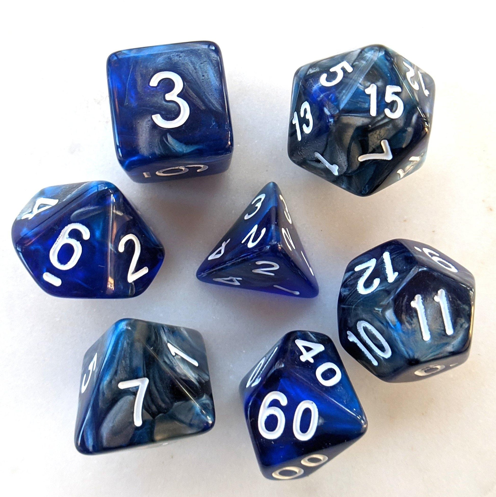 Cold Iron Dice Set. Blue and silver marbled DnD dice set. Dice sets Fennek and Finch