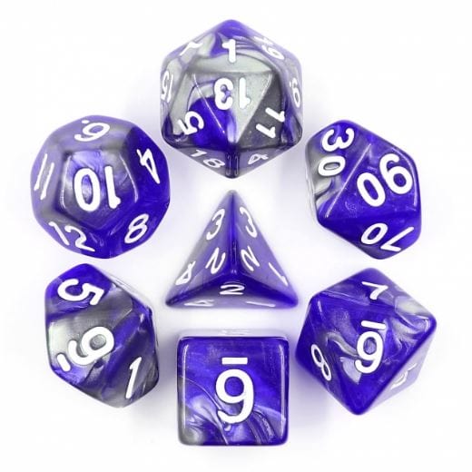 Blue and silver marbled 7-piece polyhedral dice set for Dungeons and Dragons tabletop games.