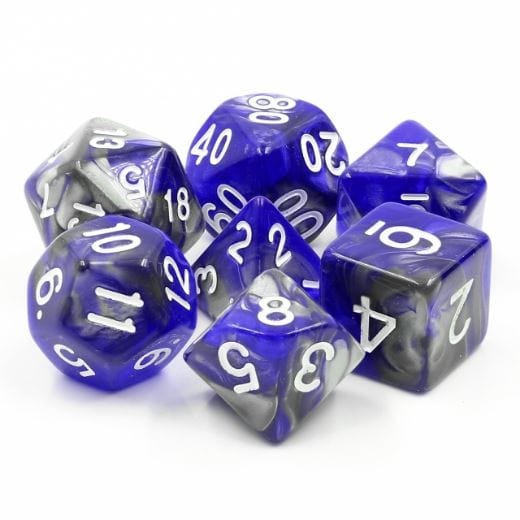 Cold Iron Dice Set in blue and silver marbled design for DnD tabletop games, featuring polyhedral acrylic dice.