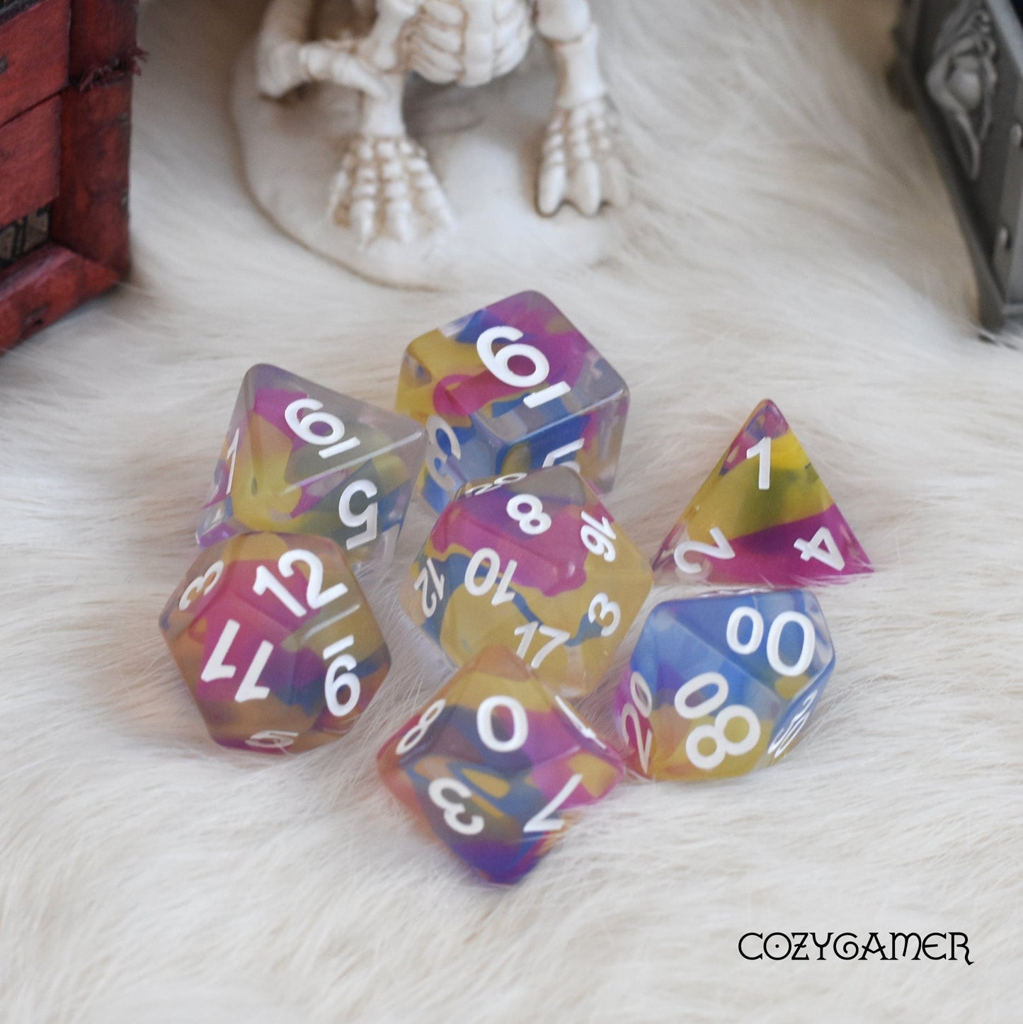 Color Spray Dice Set with colorful shavings in clear resin, perfect for Dungeons and Dragons and tabletop role-playing games.