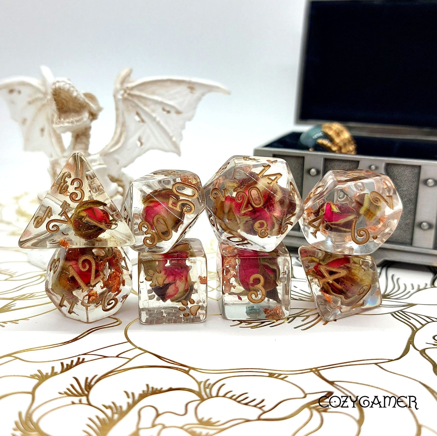 Copper and Rose Buds Dice Set. 8 and 12 Piece real dried roses DND dice set Dice sets Fennek and Finch 8 Piece Set