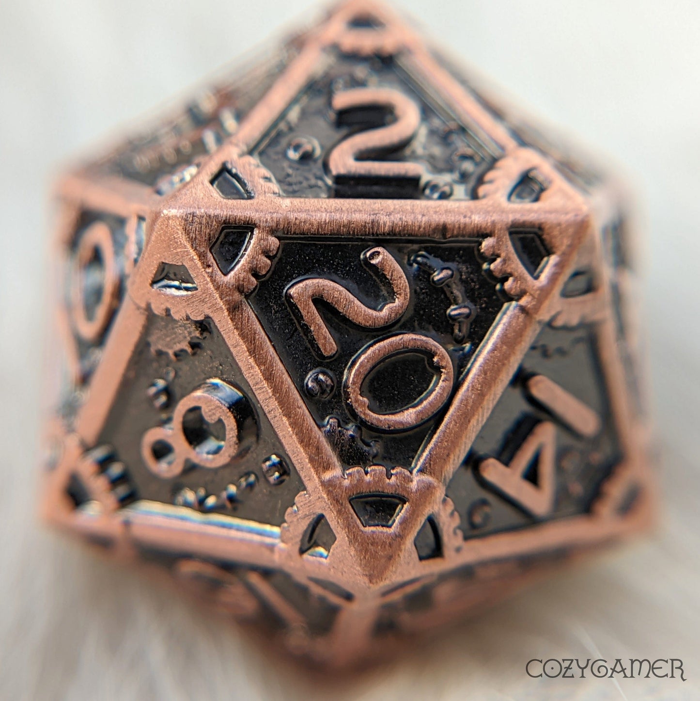 Copper metal gear D20 dice with clockwork design for tabletop RPGs