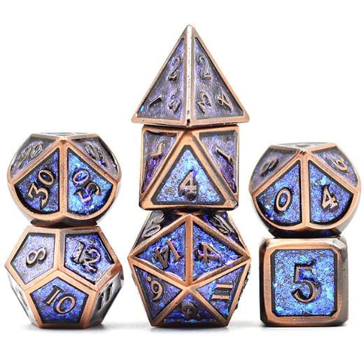Copper Plated Metal Dice Set – Shifting Blue Glitter with Warm Copper Finish - Fennek and Finch