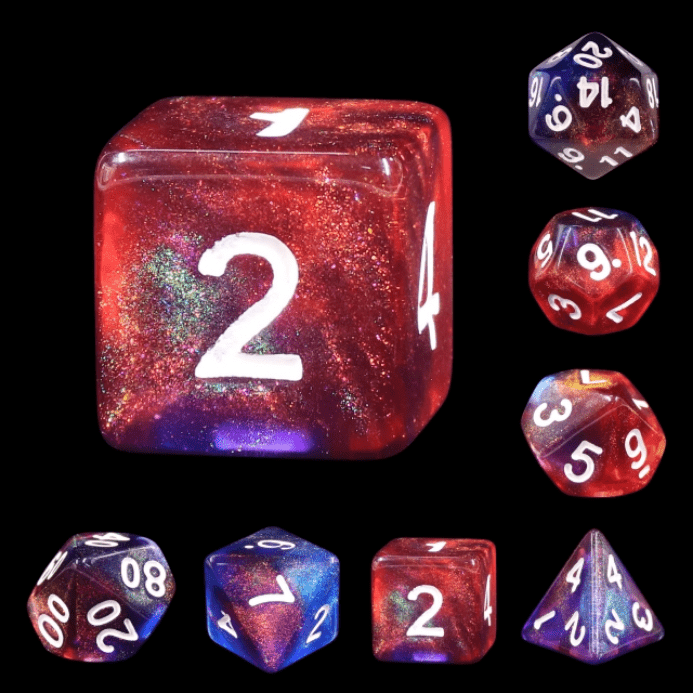 Cosmic Stars Dice Set – 7-Piece Red Purple Galaxy Glitter DnD Dice Dice Sets & Games Fennek and Finch