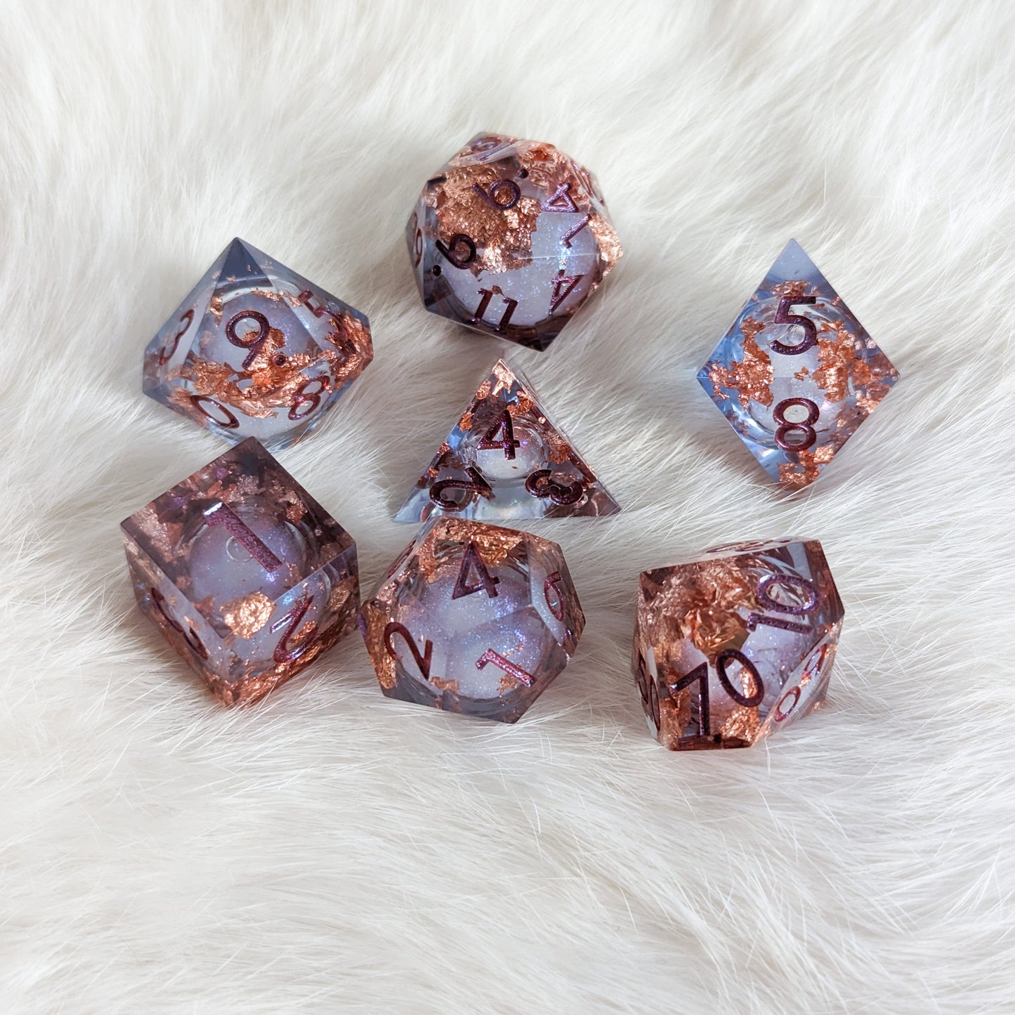 Crimson and Copper Liquid Core Sharp Edge Resin DnD Dice Set Dice Sets & Games Fennek and Finch