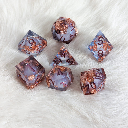 Crimson and Copper Liquid Core Sharp Edge Resin DnD Dice Set Dice Sets & Games Fennek and Finch