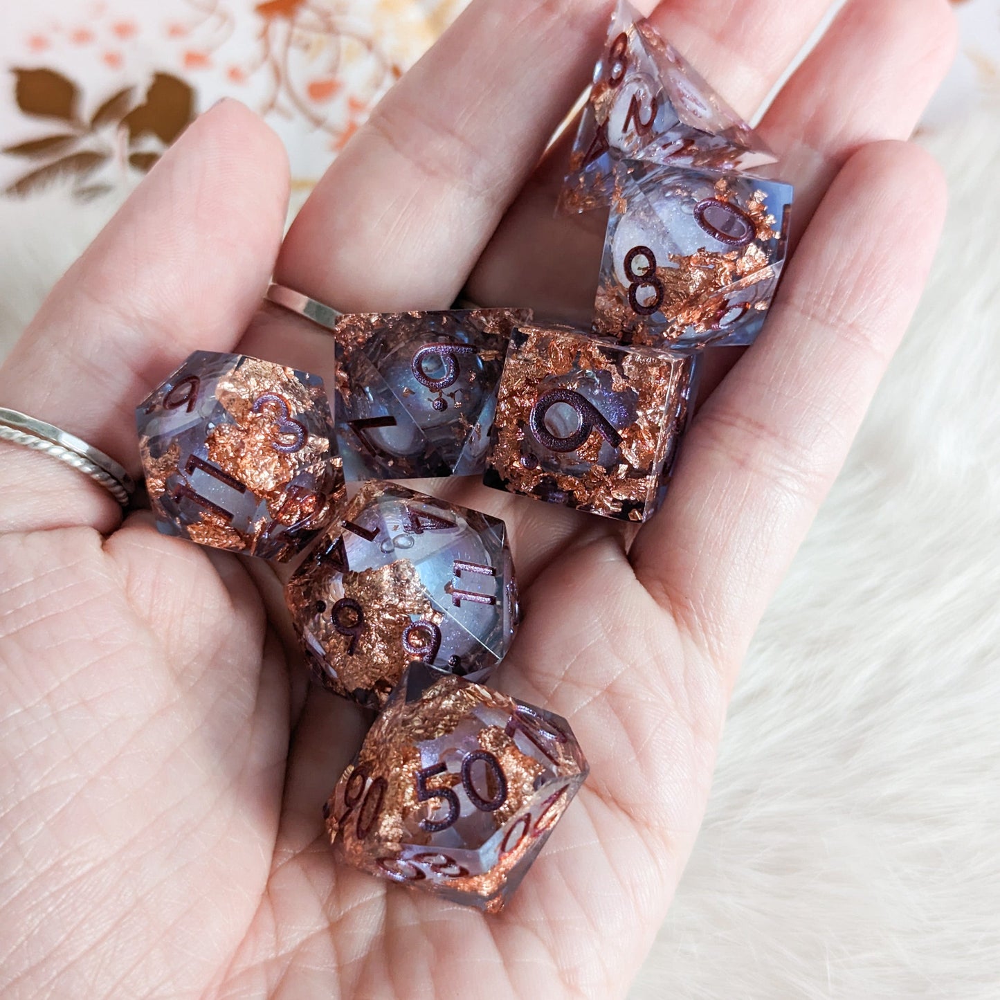 Crimson and Copper Liquid Core Sharp Edge Resin DnD Dice Set Dice Sets & Games Fennek and Finch