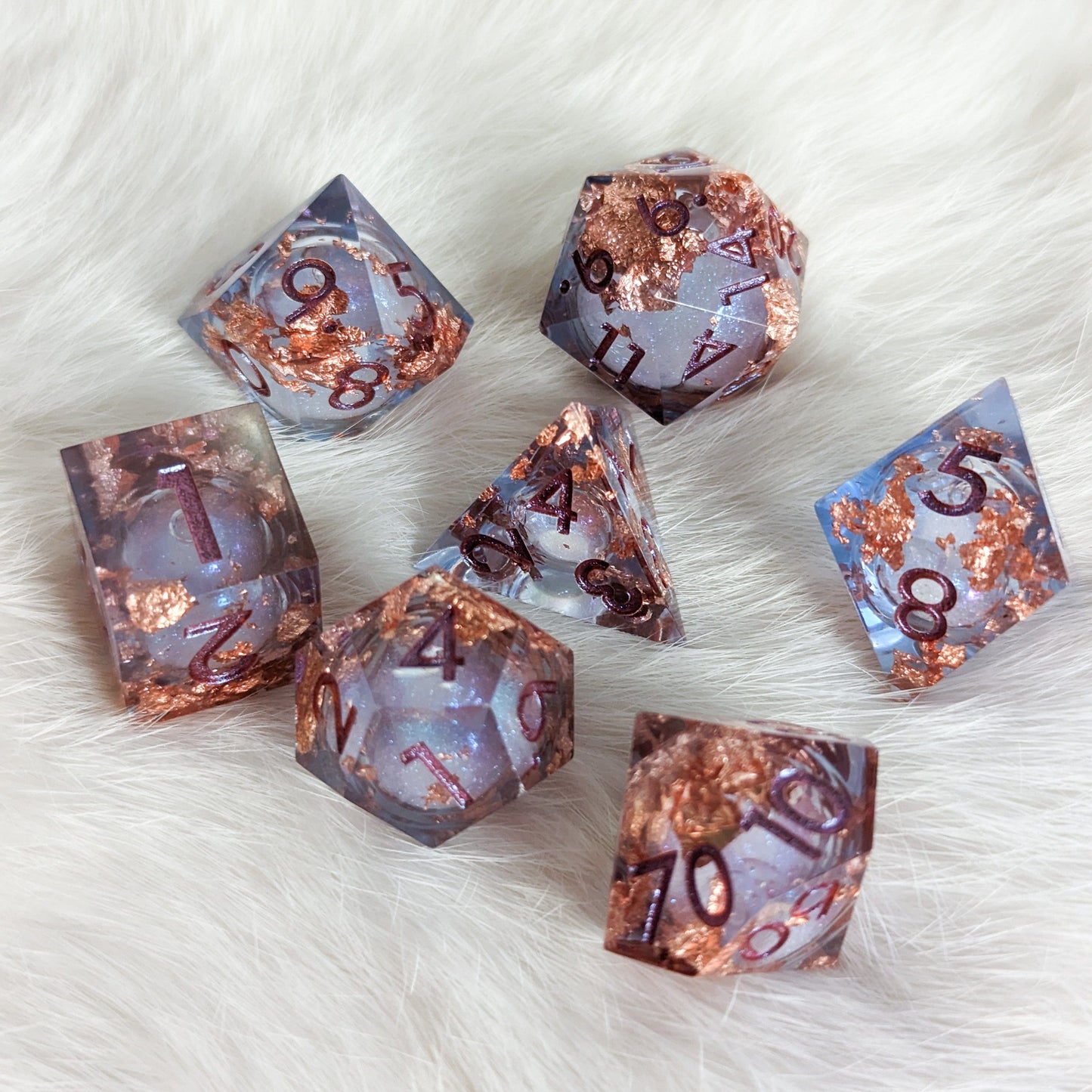 Crimson and Copper Liquid Core Sharp Edge Resin DnD Dice Set Dice Sets & Games Fennek and Finch