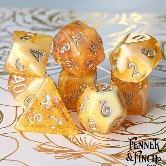 Crystallized Honey 8 Piece Dice Set. Clear Orange and White Marble, with Glitter and Foil Dice sets Fennek and Finch