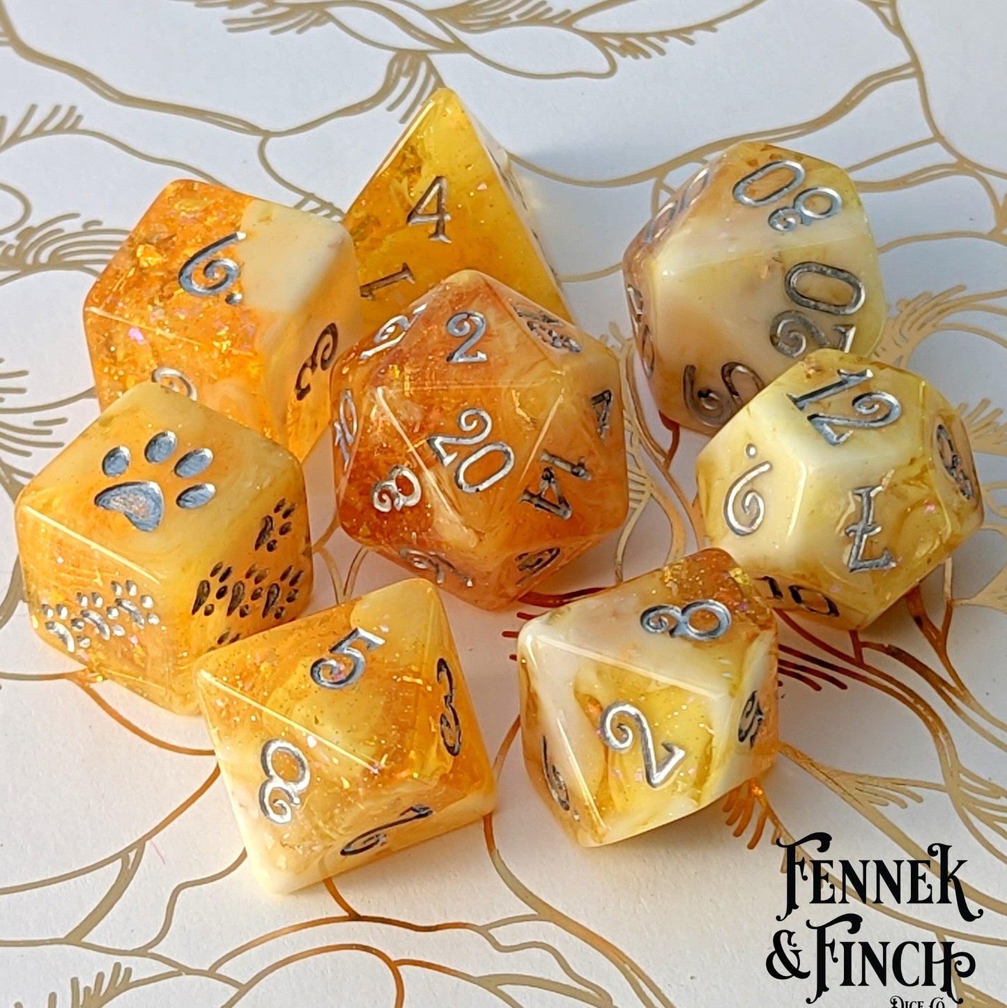 Crystallized Honey 8 Piece Dice Set. Clear Orange and White Marble, with Glitter and Foil