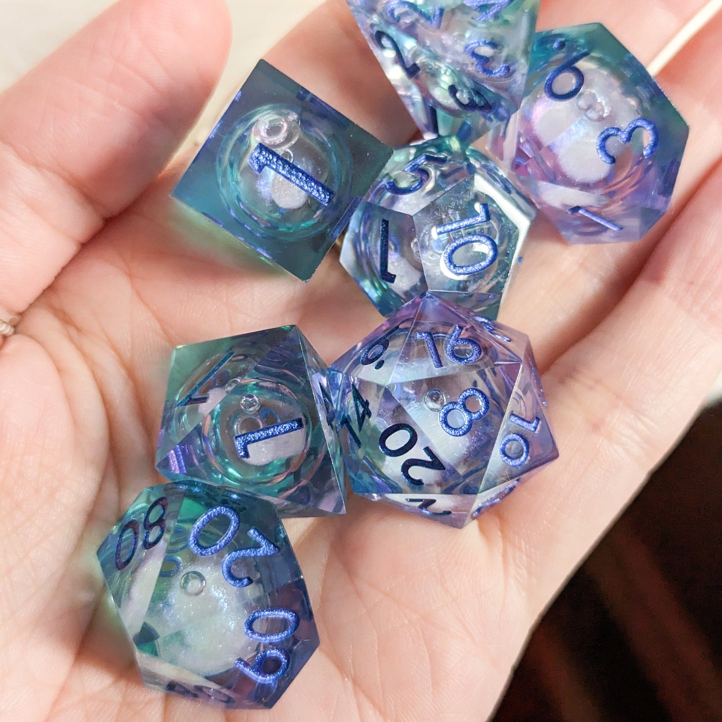 Cyan and purple Liquid Core Sharp Edge Resin DnD Dice Set Dice Sets & Games Fennek and Finch