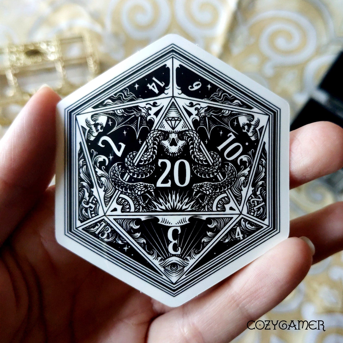 D20 TTRPG sticker featuring skulls, snakes, and death magic symbols for DND critical success and fail themes, 3 x 2 5/8 inches.