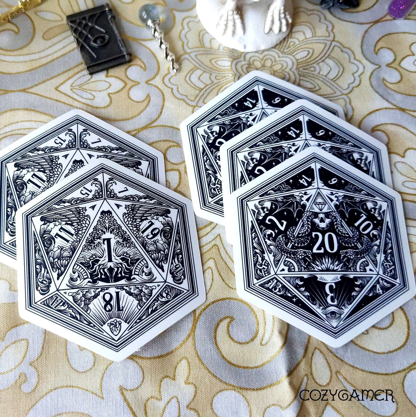 D20 dice stickers featuring life and death themes, with critical success and fail designs including skulls, snakes, and trees.