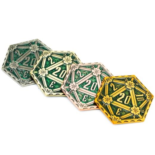 Hexagonal D20 metal coins with green enamel and floral design, made of zinc alloy, 2 sided dice for gaming, 50mm size.