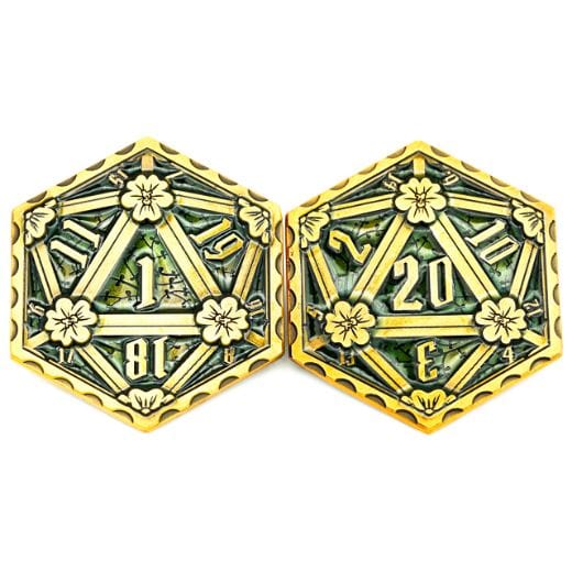 Emerald metal coin D20, two-sided die, hexagon shape, green enamel, zinc alloy, 50mm size, ancient design with numbers 1 and 20.