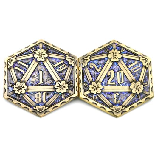 Ancient hexagon D20 metal coin with blue-purple glitter, dual-sided die with numbered design, made from zinc alloy.