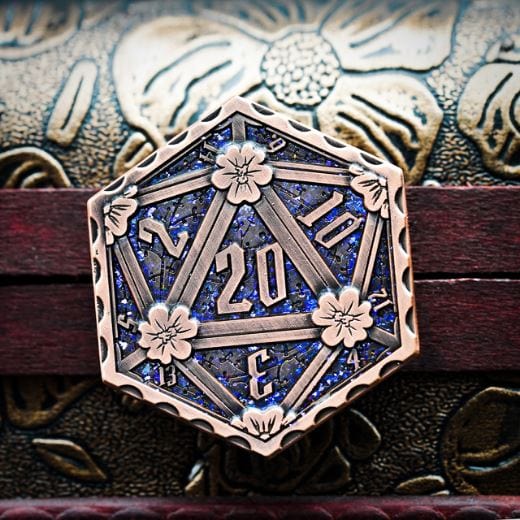 Glittering hexagon D20 metal coin with blue-purple color shift, featuring floral designs, made from zinc alloy, 2-sided die.