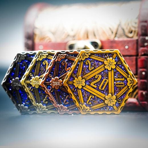Hexagon D20 glittering metal coin dice with blue purple color shift in front of a vintage treasure chest, made of zinc alloy.