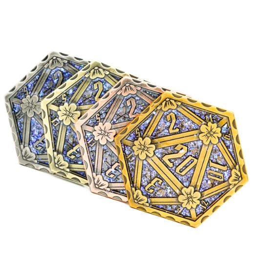 Hexagonal D20 glittering metal coin, blue-purple glitter, zinc alloy, featuring floral design, antique finish in three colors.