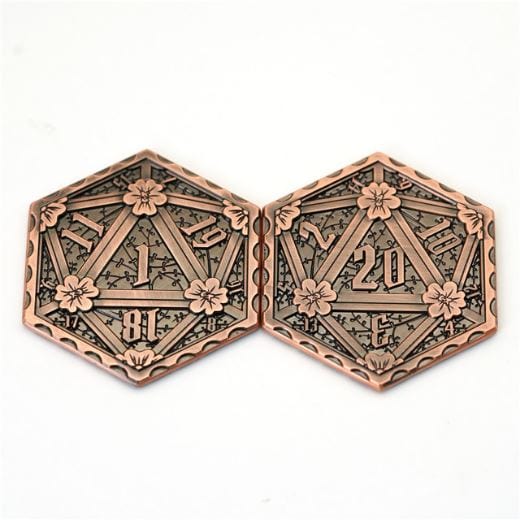 D20 Metal Coin, 2 Sided Die Games Fennek and Finch Copper