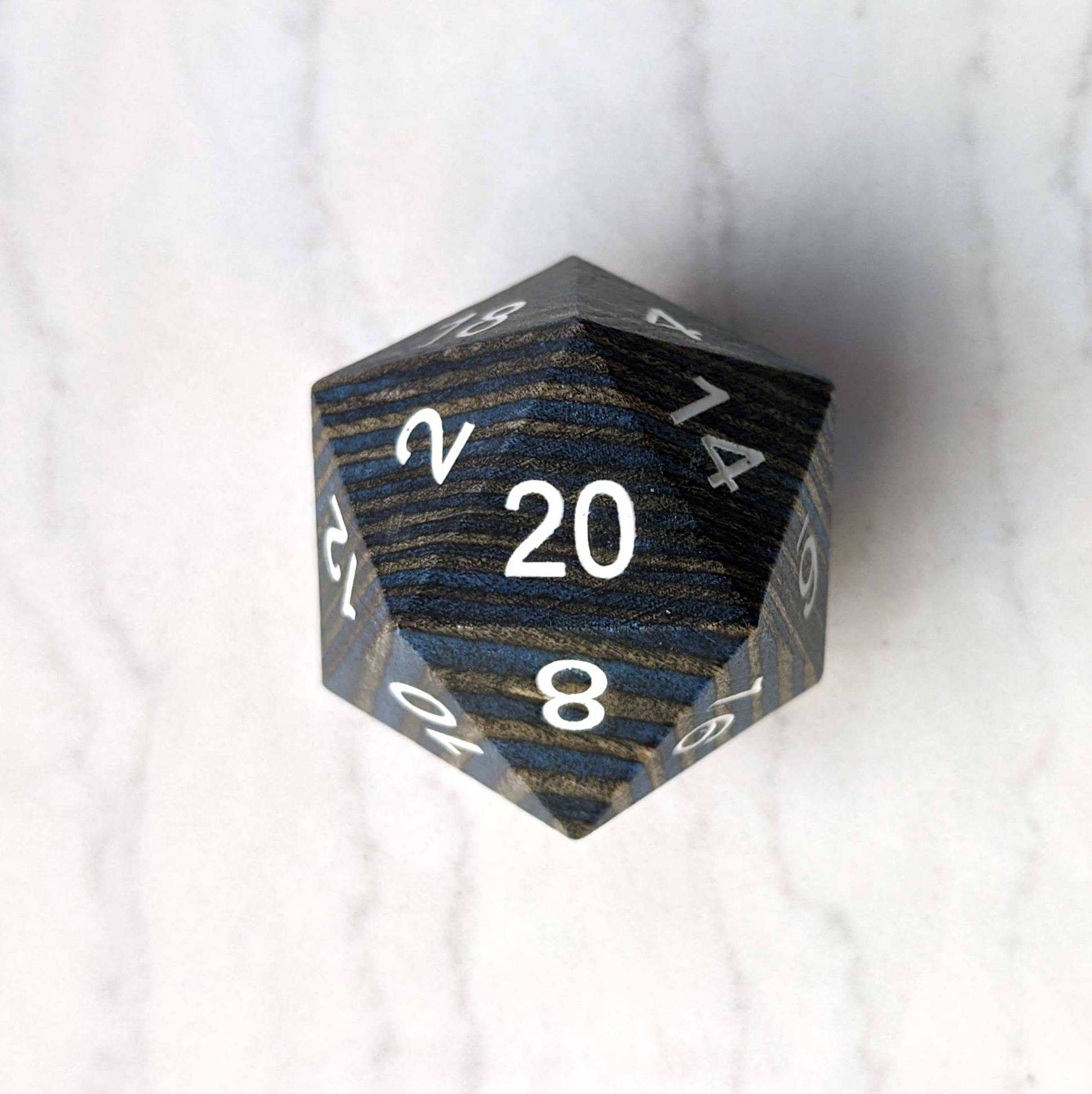 Dark Blue and Grey Wood Stripe Large Wooden D20 Dice sets Fennek and Finch