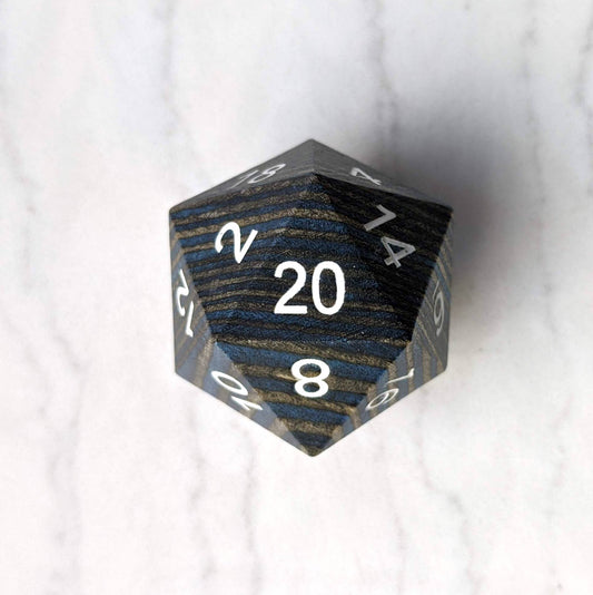 Dark Blue and Grey Wood Stripe Large Wooden D20 Dice sets Fennek and Finch