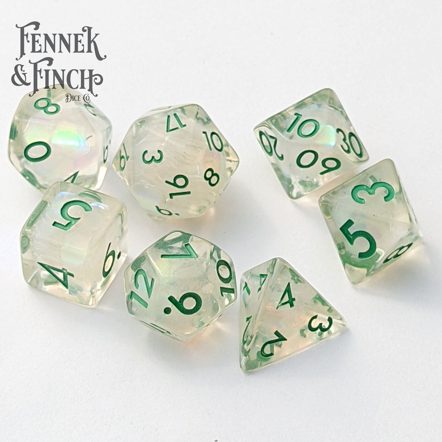 Dewy Glint Dice Set. Clear Resin with Rainbow Glitter Dice Sets & Games Fennek and Finch