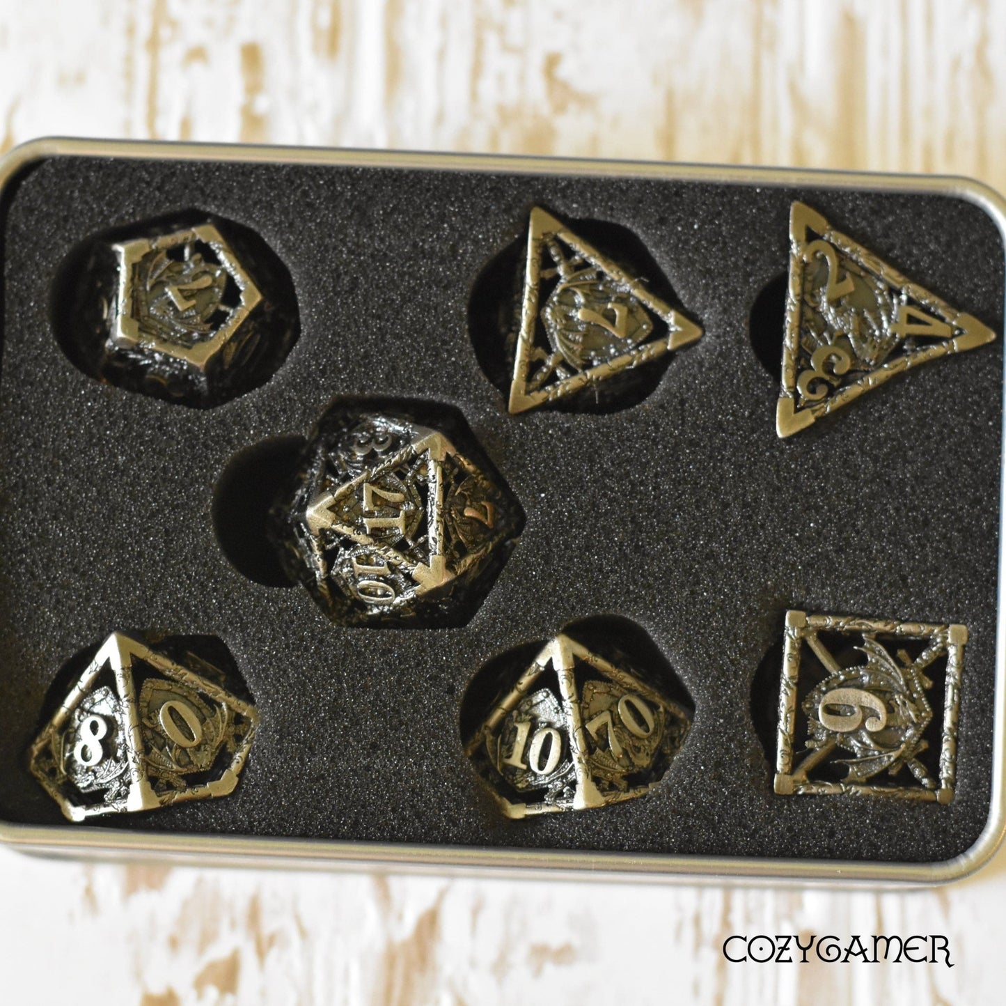 Dragon and Shield Hollow Metal Dice Set – 7 - Piece DnD Dice - Fennek and Finch