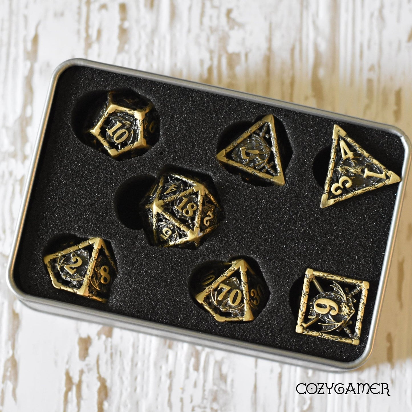 Dragon and Shield Hollow Metal Dice Set – 7-Piece DnD Dice Dice sets Fennek and Finch Bronze