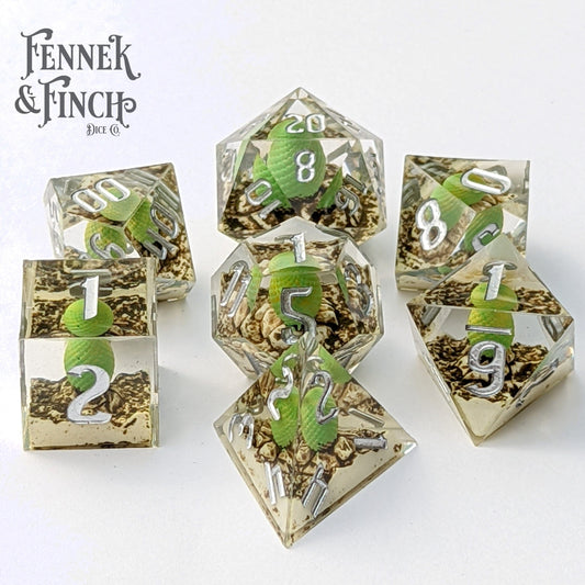 Dragon Egg Sharp Edge Resin Dice Set. 7 Piece DND dice set