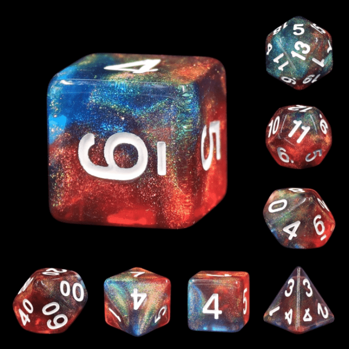 Dragon Scale Dice Set. Red and Blue Galaxy Glitter DND Dice Dice Sets & Games Fennek and Finch