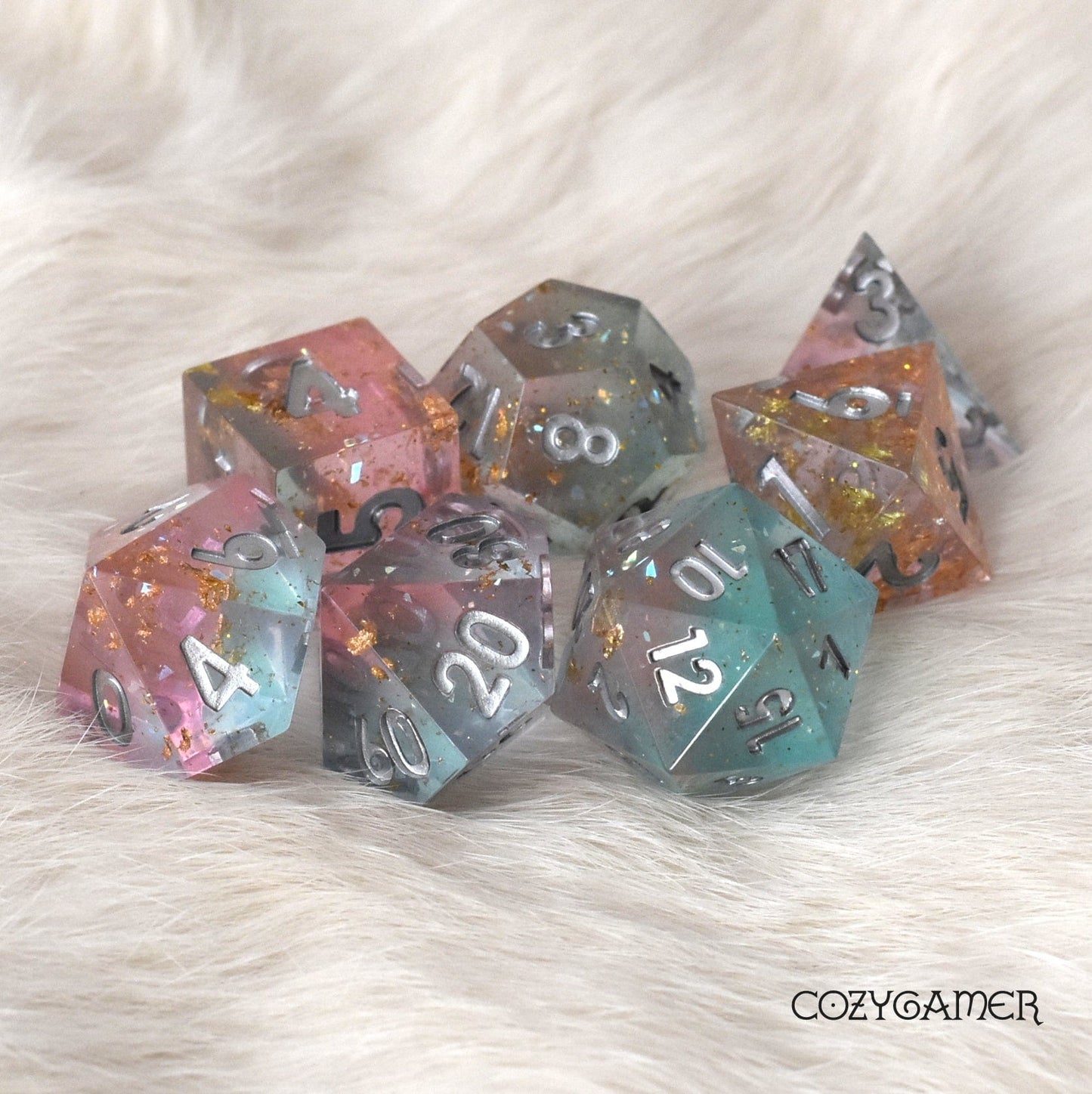 Dream Palace Sharp Edge Dice Set. Layered Pink and Blue Clear resin with copper foil and opal flakes