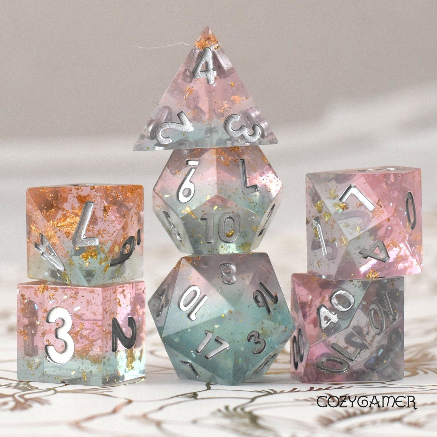 Dream Palace Sharp Edge Dice Set. Layered Pink and Blue Clear resin with copper foil and opal flakes