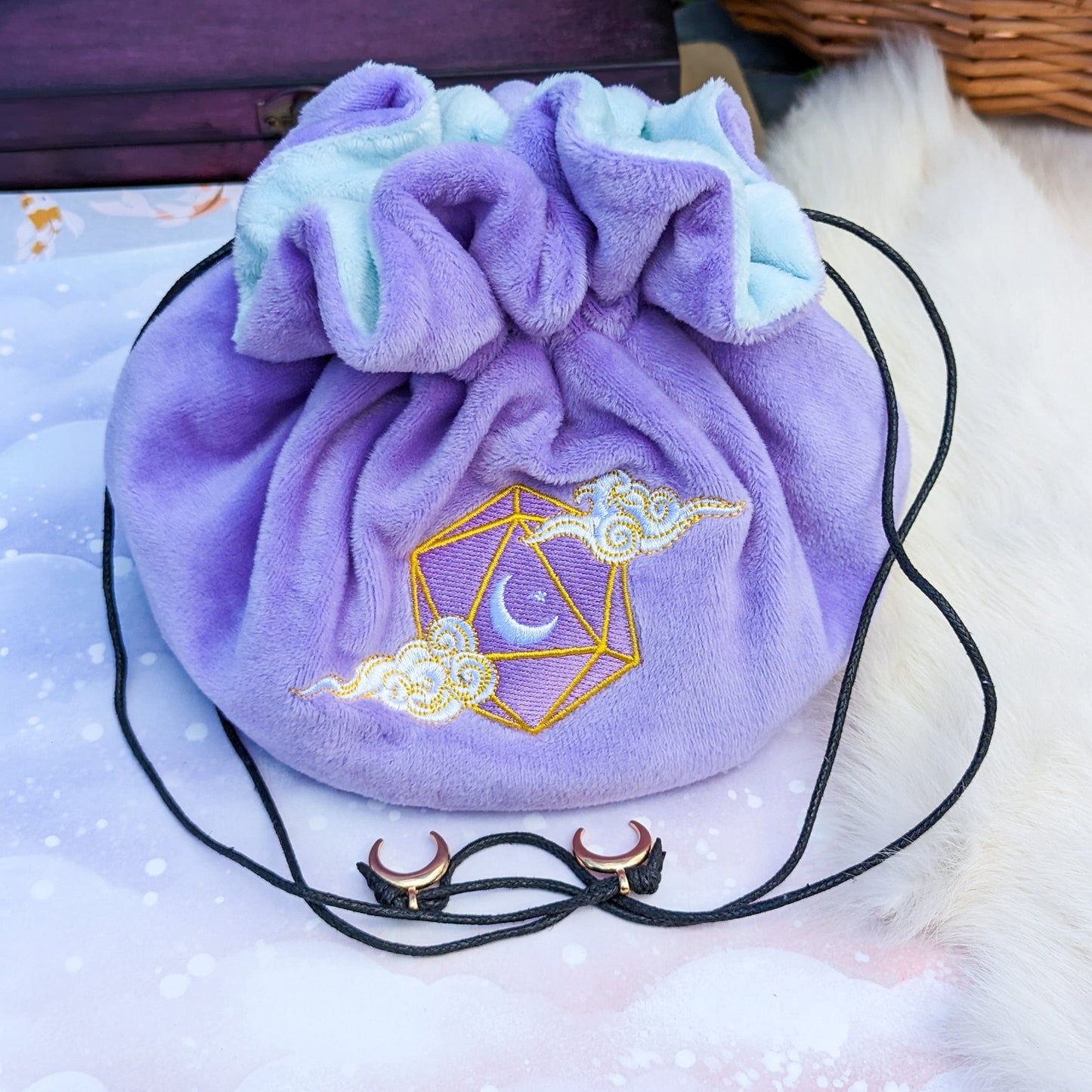 Dreamy dice bag. Multi pocket large dice bag in purple and blue Fennek and Finch Black