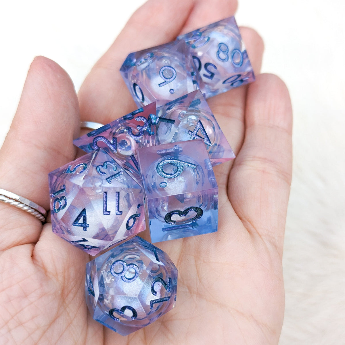 Dreamy Periwinkle Liquid Core Sharp Edge Resin DnD Dice Set Dice Sets & Games Fennek and Finch