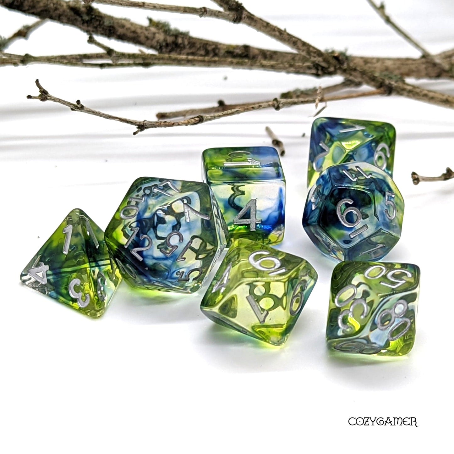Earth and Sea Dice Set. Greens and Blues Swirling Magic Dice Sets & Games Fennek and Finch