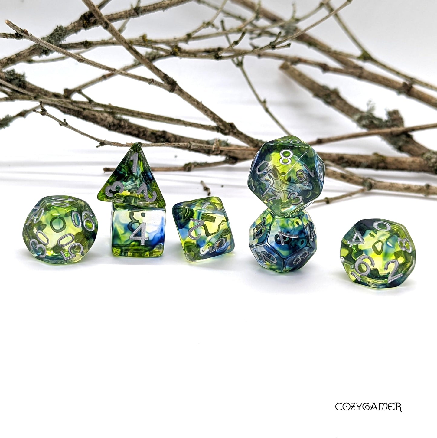 Earth and Sea Dice Set. Greens and Blues Swirling Magic Dice Sets & Games Fennek and Finch