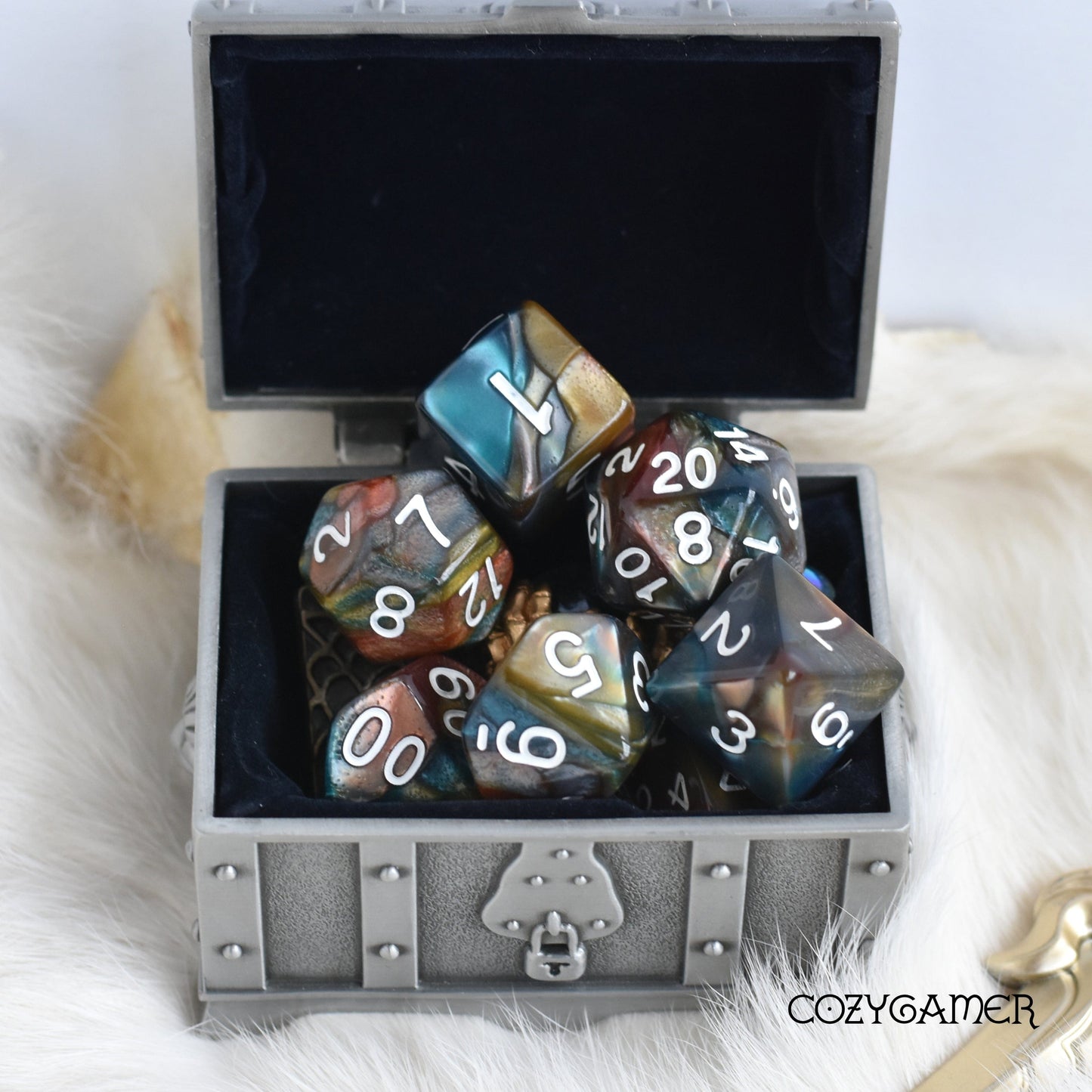 Earthen Ring Marble Polyhedral Dice Set in a Treasure Chest for DnD and TTRPGs
