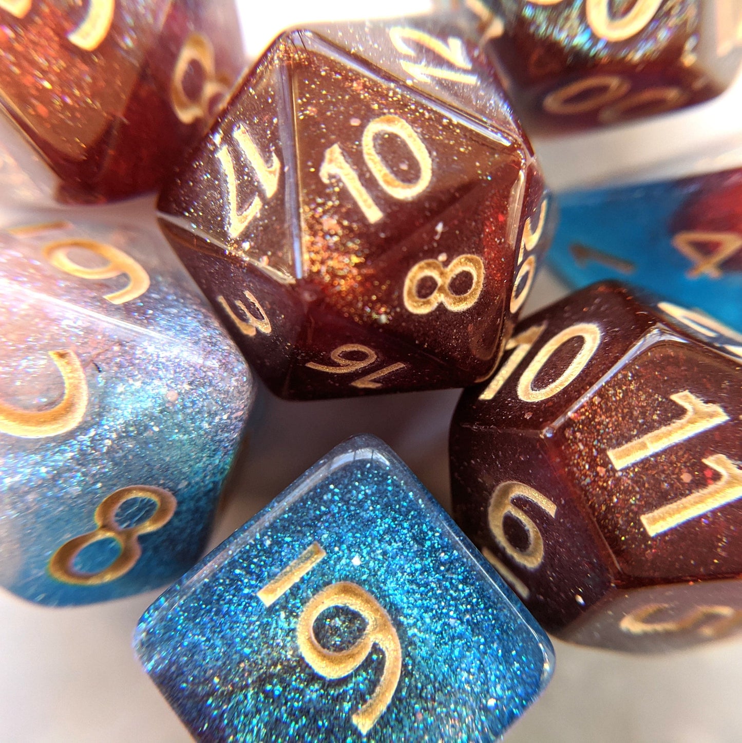 Elemental Magic Dice Set. Red, White, and Blue Marbled Micro Shimmer Dice sets Fennek and Finch