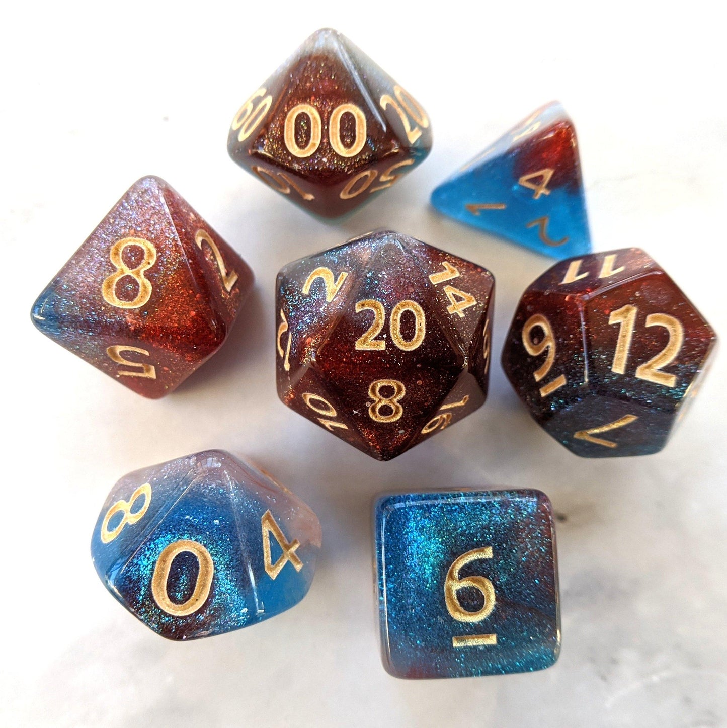 Elemental Magic Dice Set. Red, White, and Blue Marbled Micro Shimmer Dice sets Fennek and Finch