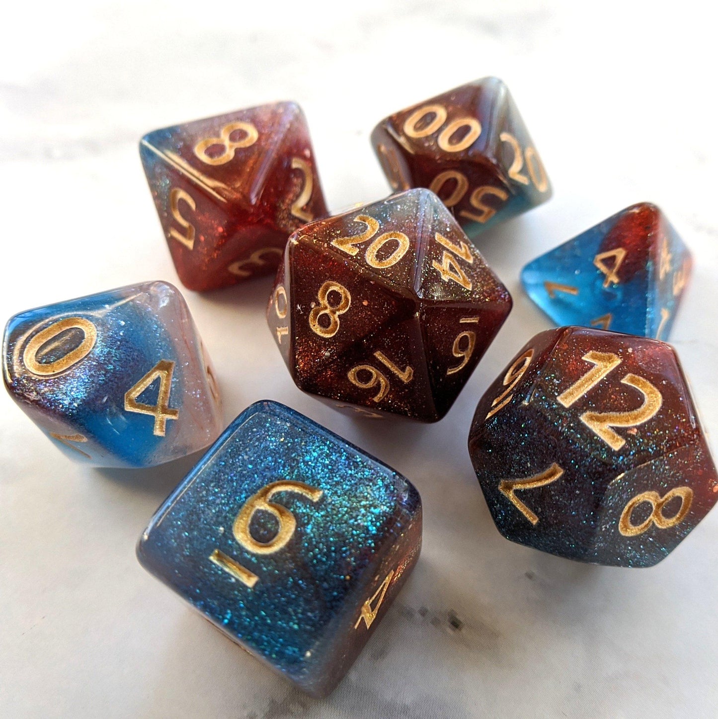 Elemental Magic Dice Set. Red, White, and Blue Marbled Micro Shimmer Dice sets Fennek and Finch