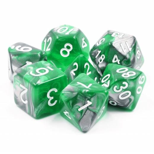 Emerald Ore Dice Set showing green and silver pearly marble polyhedral dice for role-playing games like Dungeons and Dragons.
