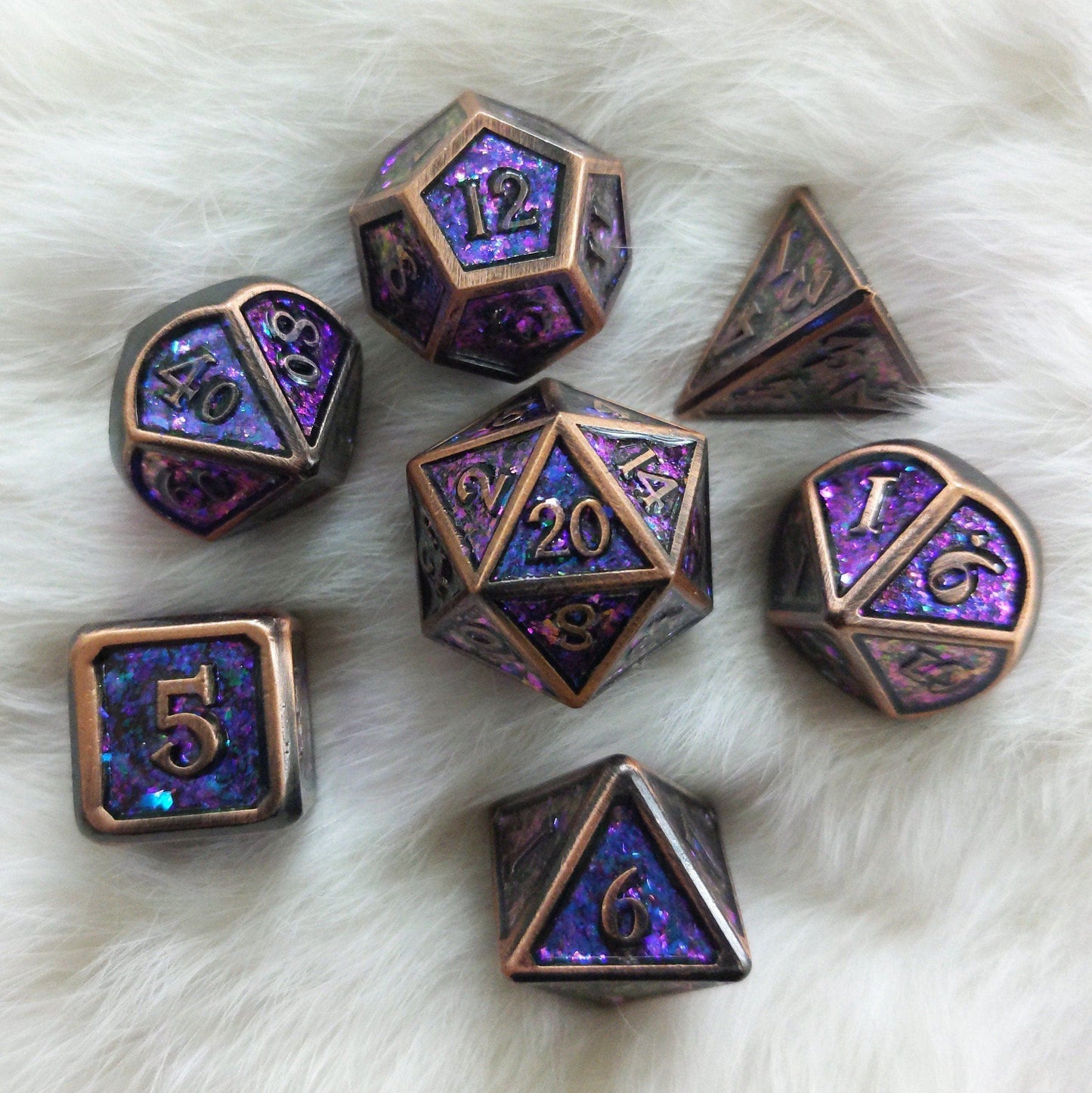 Enchantment Copper Metal Dice Set with Blue and Purple Color Shifting Glitter Dice sets Fennek and Finch