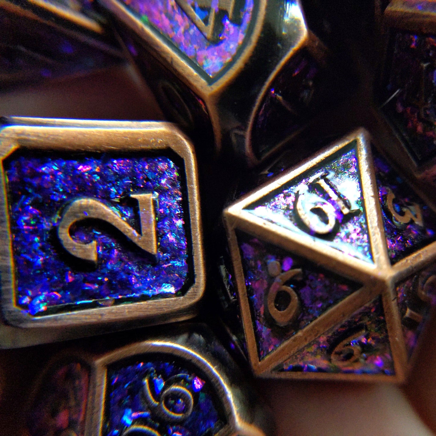 Enchantment Copper Metal Dice Set with Blue and Purple Color Shifting Glitter Dice sets Fennek and Finch