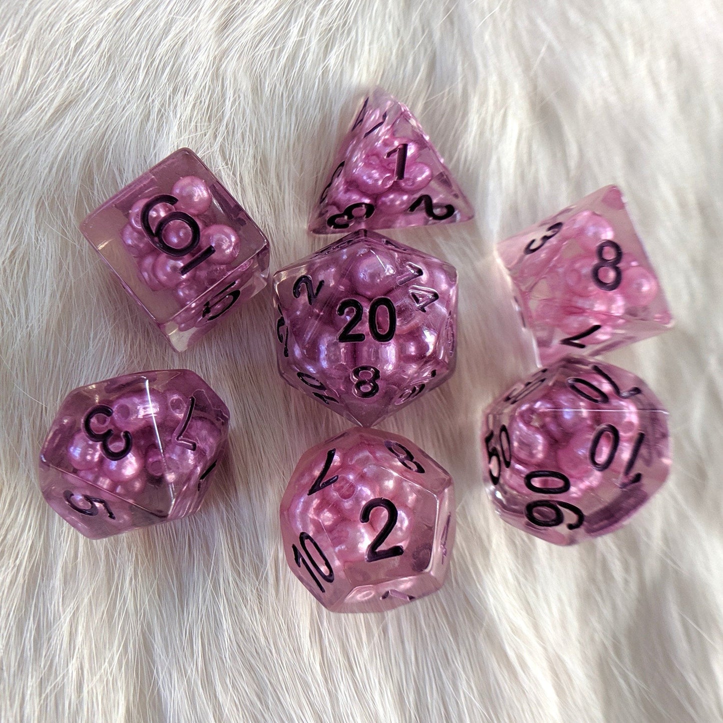 Enchantress Pearl DnD Dice Set with Purple Beads and Font on White Background