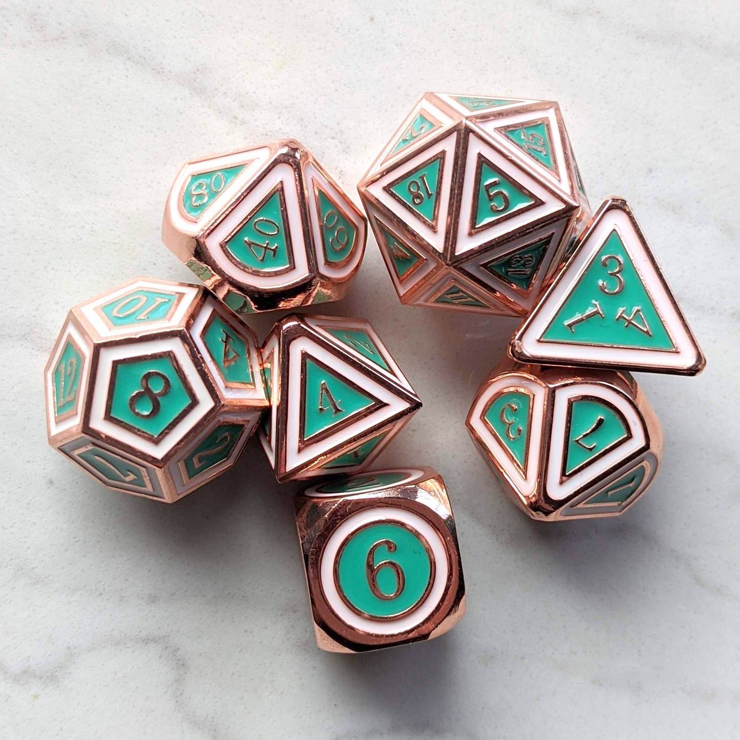 Eternal Metal Dice Set, Copper Plated with Turquoise Green and White Enamel, 7 Piece Polyhedral Dice for Tabletop RPGs like D&D.