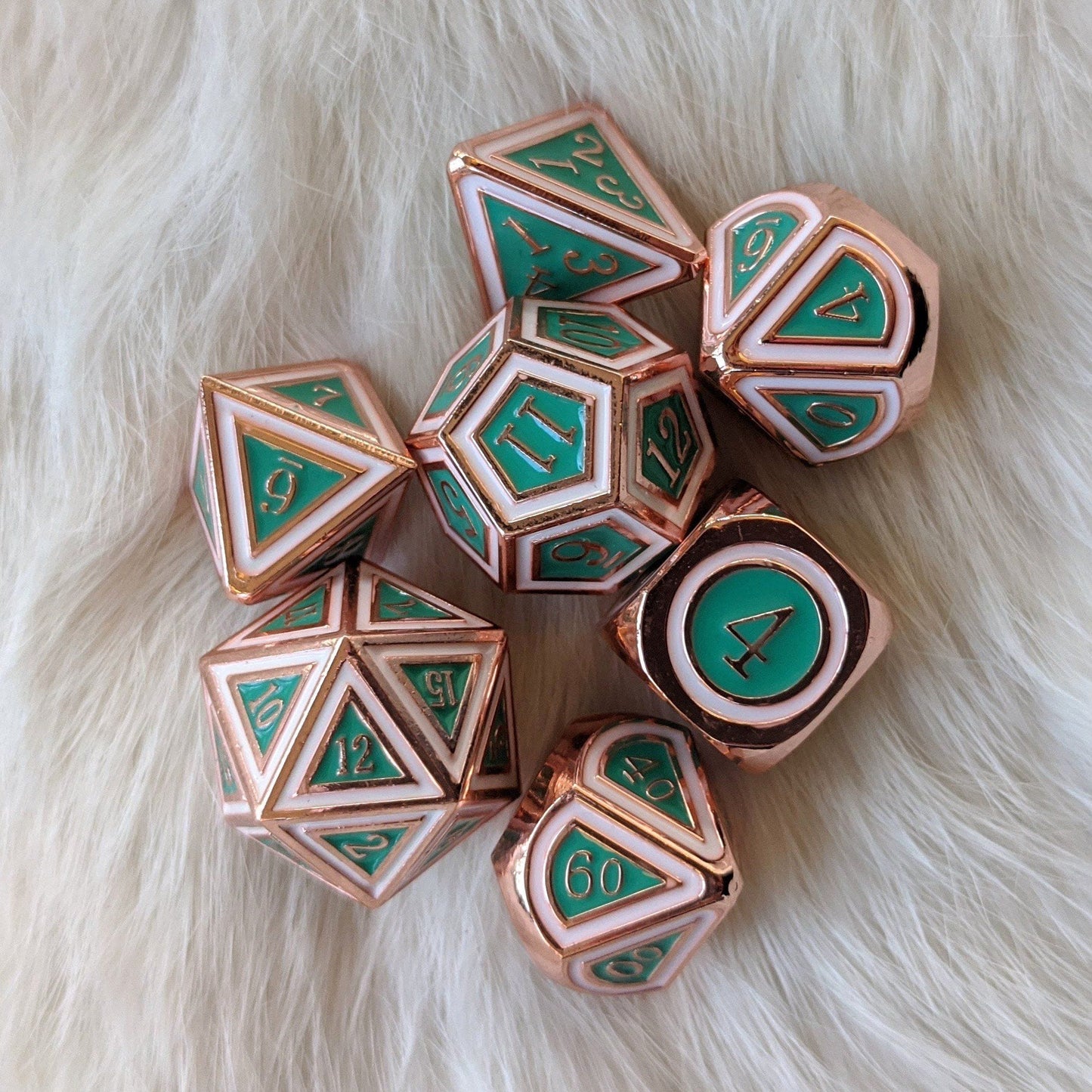 Eternal Metal Dice Set in Copper with Turquoise Green and White Enamel, 7 Piece Polyhedral Set for Tabletop RPGs