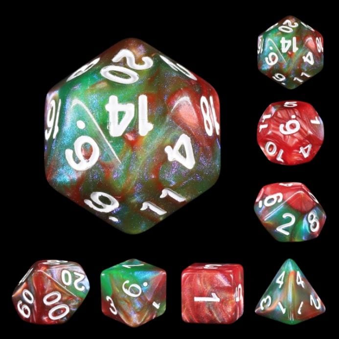 Eternal Summer Glitter Acrylic Dice Set in shimmering red and green for TTRPGs, 7 piece polyhedral set including D20, D12, D10, D%, D8, D6, D4.