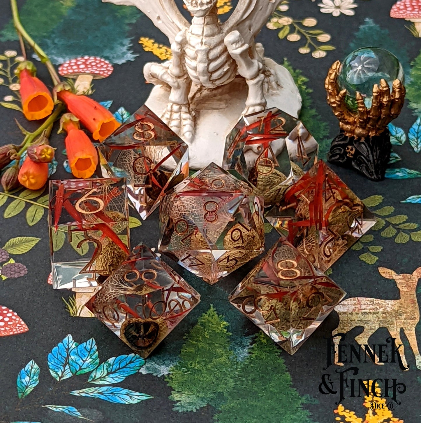 Eucalyptus Sharp Edge Resin Dice Set with Dried Eucalyptus and Red Grass, Perfect for DnD, Featuring Padded Drawer Box from Fennek and Finch